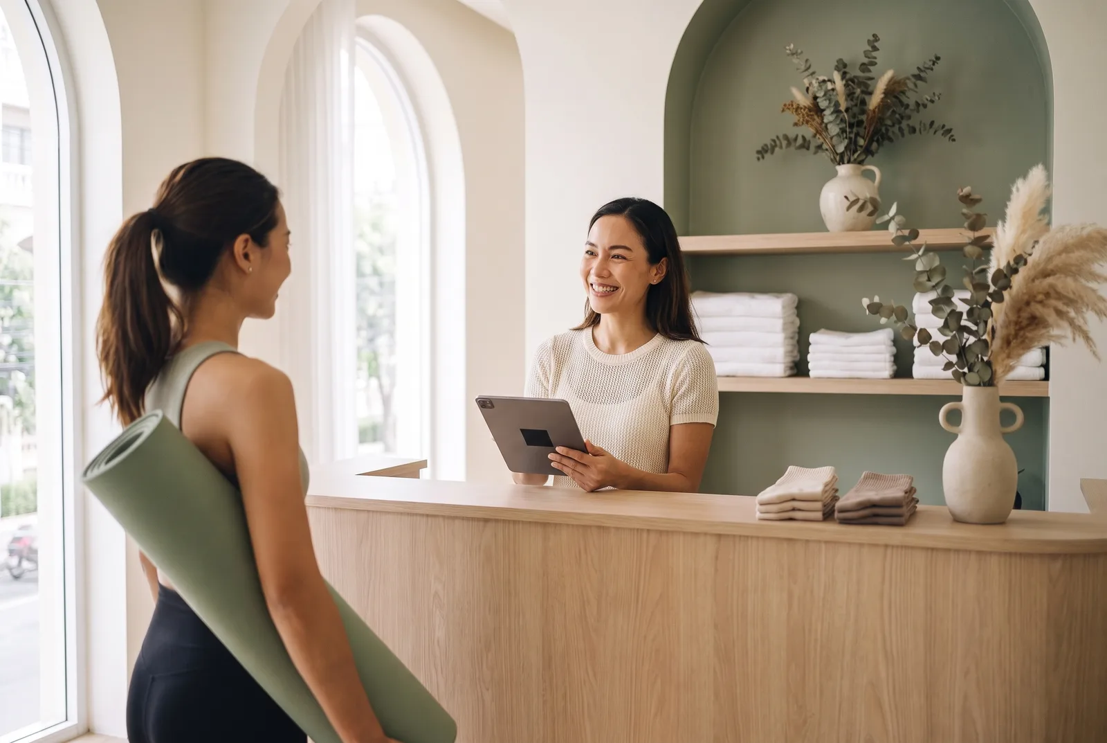 A studio owner at the front desk greeting a client who has just arrived