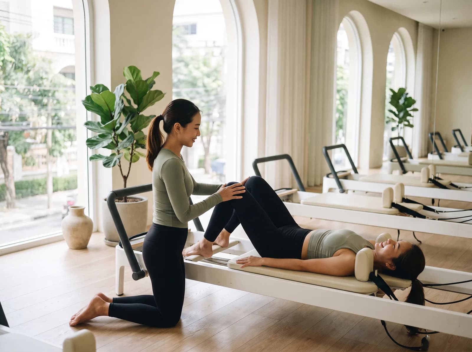 An instructor guiding a client on a reformer in a bright boutique studio