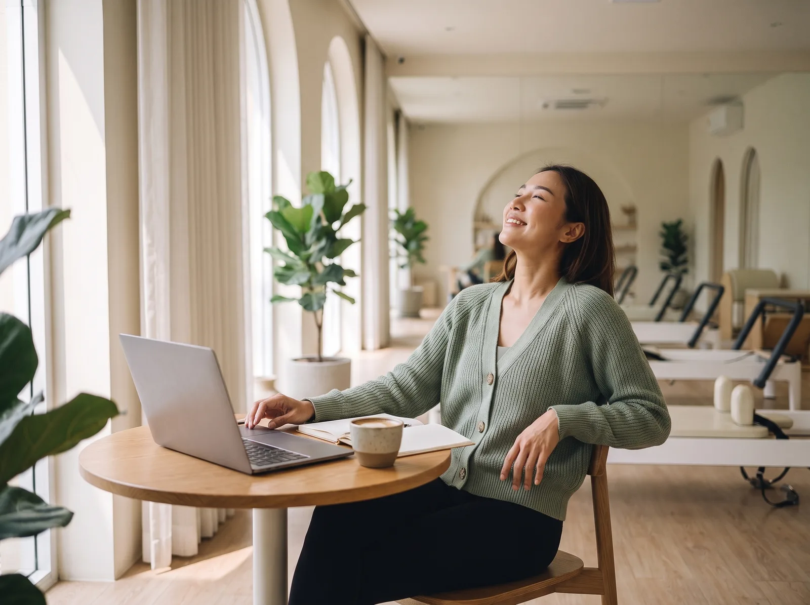 A relaxed studio owner at a café table with her laptop in her studio