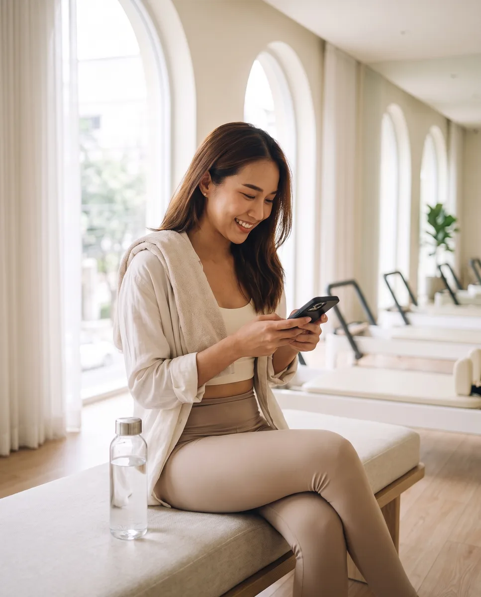 A client smiling at her phone as she books her next class after a session