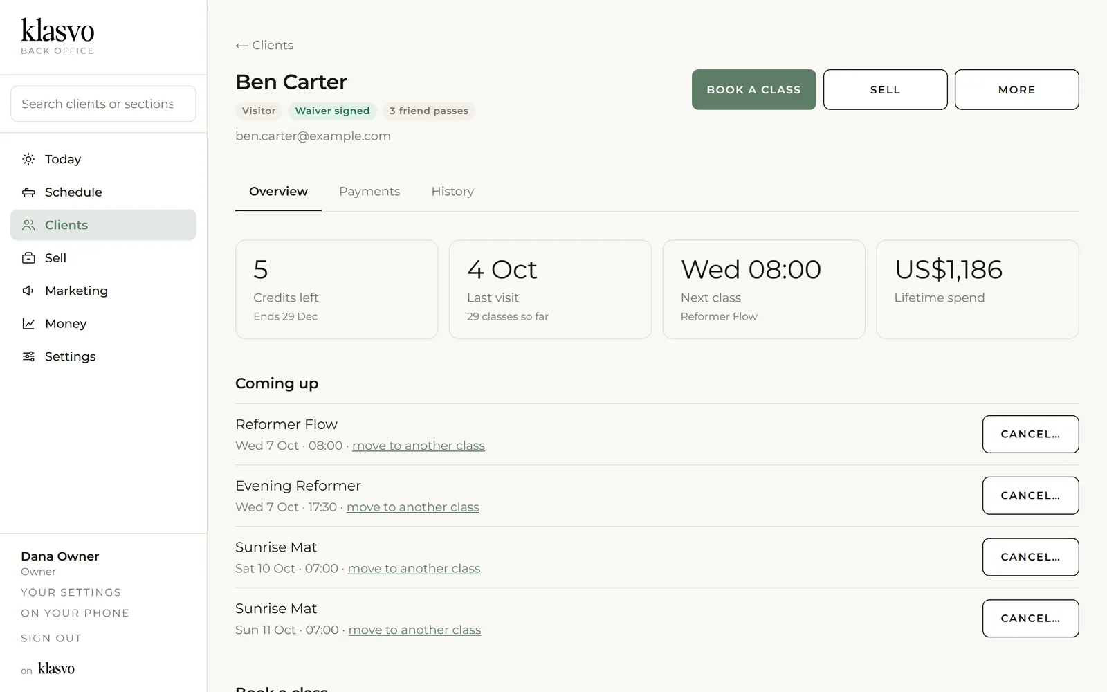 A client’s profile in Klasvo, with credits, visits and spend
