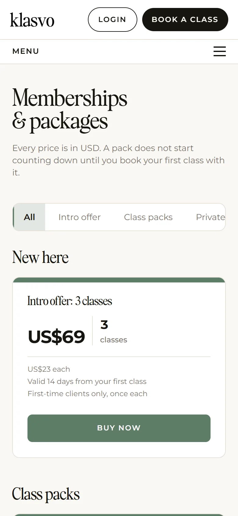 Packs and prices on a client's phone