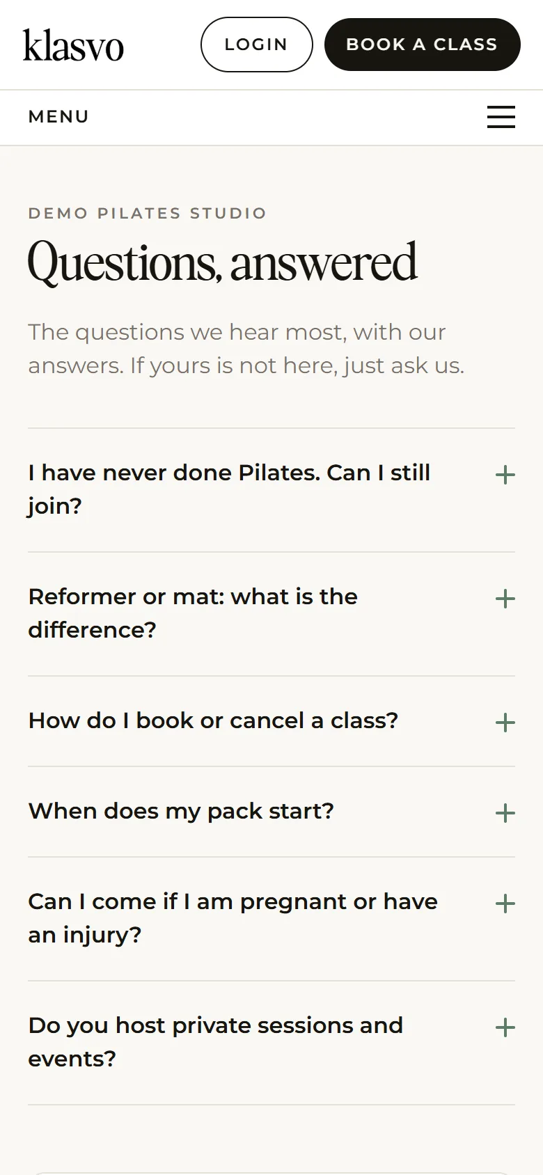 Questions, a page of a studio's website made with Klasvo