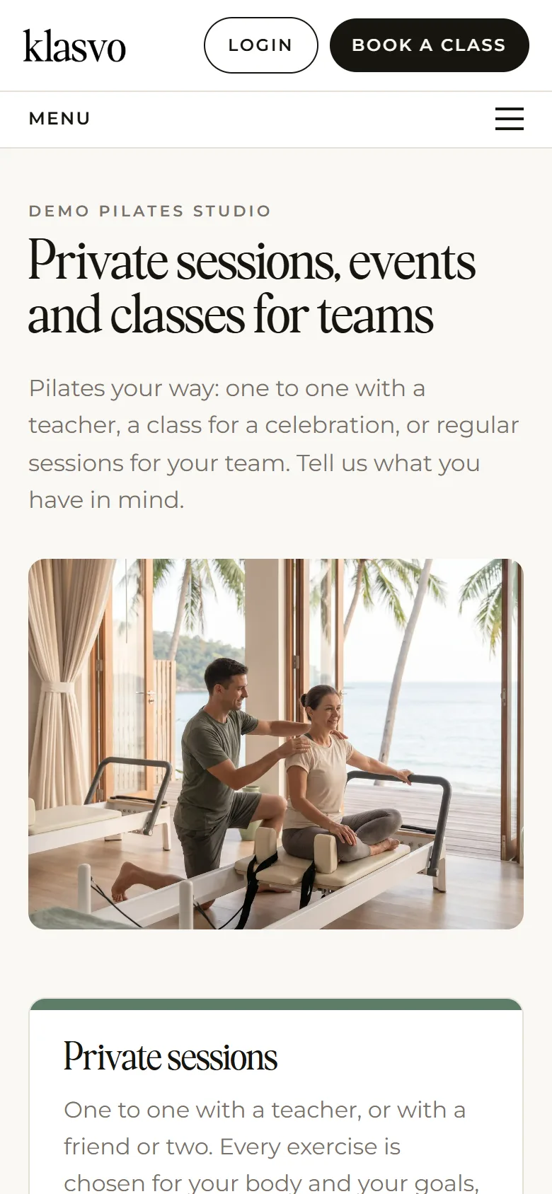 Private sessions and events, a page of a studio's website made with Klasvo