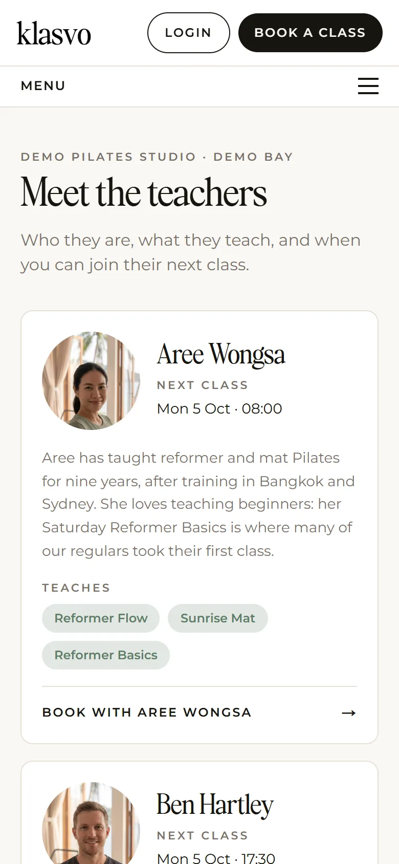 Teachers, a page of a studio's website made with Klasvo