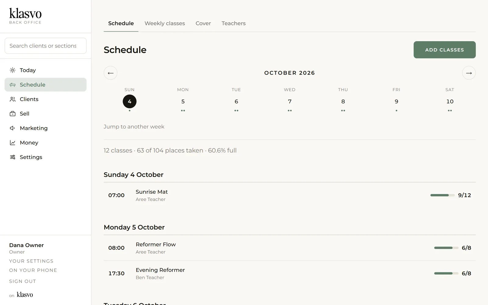 The week’s schedule in Klasvo, with bookings per class