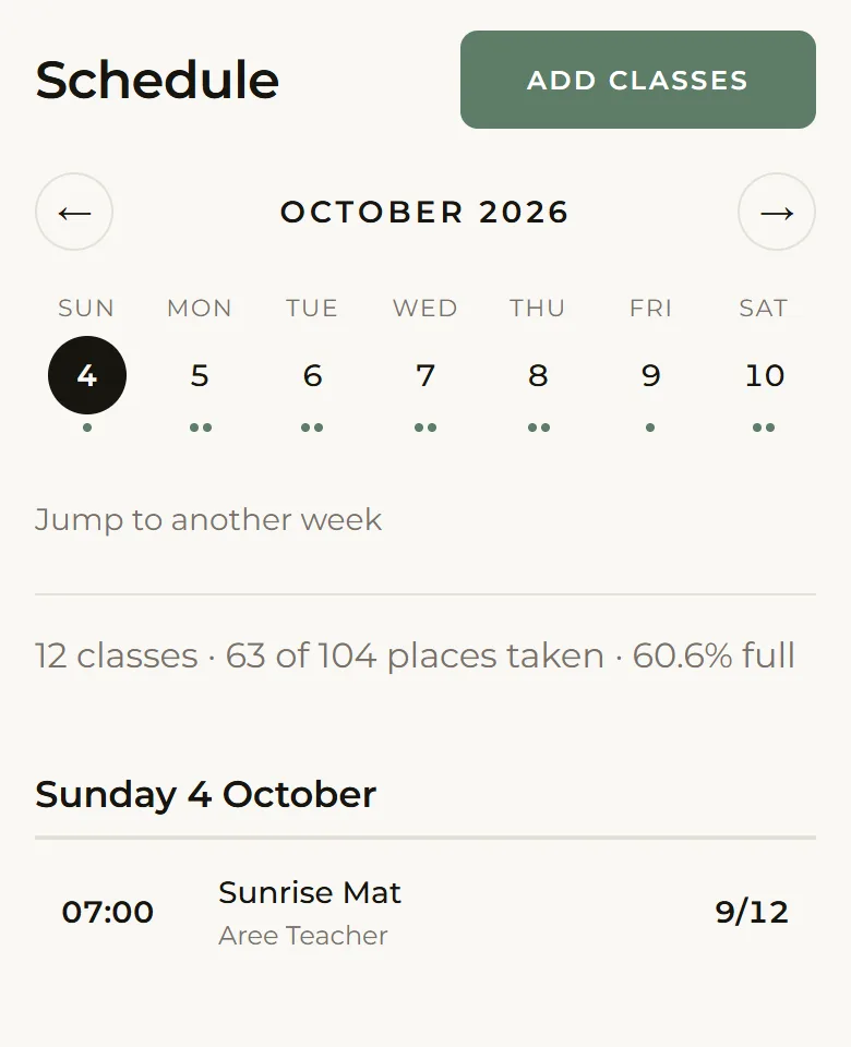 The week’s schedule in Klasvo, with bookings per class